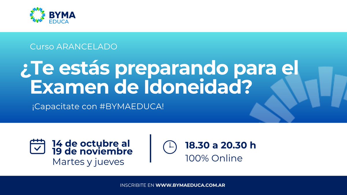 BYMAOficial's tweet photo. 💼¿Querés rendir el examen de #Idoneidad?
Preparate con herramientas prácticas, teoría clara y el acompañamiento de expertos.👇🏻
Nueva edición del curso: “Apoyo al examen de Idoneidad” de #BYMAEDUCA
🗓️ Del 14 de octubre al 19 de noviembre
🕒 Martes y jueves de 18.30 a 20.30 hs
📍 Virtual
💳Curso arancelado
🔗 Para más info e inscripciones ingresá a
https://t.co/8Ziwx04Zye
#CursoIdoneidad #Finanzas #MercadoDeCapitales