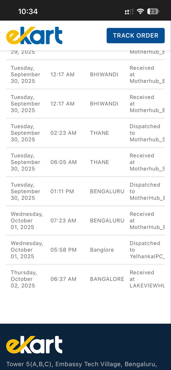 vvikram's tweet photo. @Flipkart @ekartlogistics @flipkartsupport So now my delivery is pushed to 7th October.  The Lakeview Hub is 4.5km from my home. How long does it take to cover this distance from Oct 2nd? Unless, @Flipkart is creating false footprints and there is no actual package… https://t.co/IsYPfbz5bB
