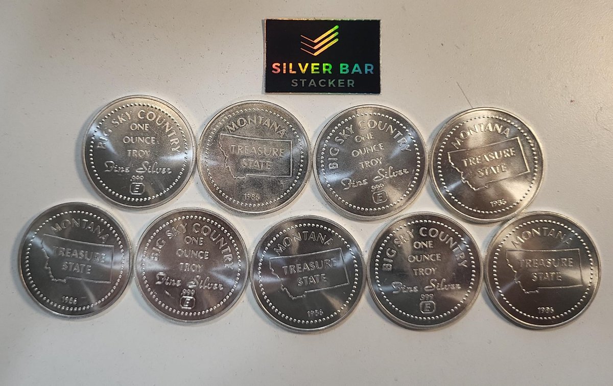 SilverBarStackr's tweet photo. Lot of 9x Engelhard 1986 Big Sky Country Montana Treasure State 1oz Silver Rounds [3k Minted] (1 lot available)

$899 OBO on @whatnot:
https://t.co/2wzFreHpPN

#Vintage #Silver #Bar #Engelhard #BigSky #Montana #Round #Stacker #Gold #PreciousMetals #Platinum #Palladium #Bullion https://t.co/RwRrjLdXkf