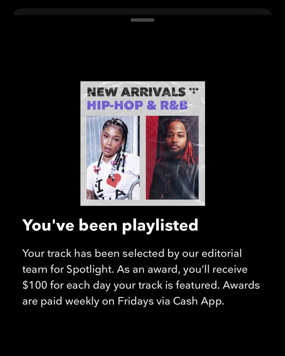 lovecertt's tweet image. crazy. thank you @TIDAL 🙇🏽‍♂️ my song was selected for their Spotlight program. that means i’ll be getting paid $100/day for every day it’s on their playlist. i feel like not enough indie artists really know about this so i thought i’d break down how it works 🧵