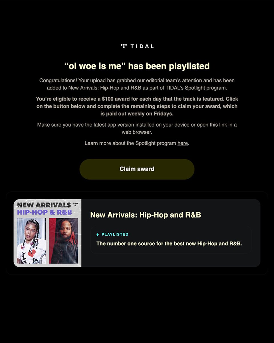 lovecertt's tweet image. crazy. thank you @TIDAL 🙇🏽‍♂️ my song was selected for their Spotlight program. that means i’ll be getting paid $100/day for every day it’s on their playlist. i feel like not enough indie artists really know about this so i thought i’d break down how it works 🧵