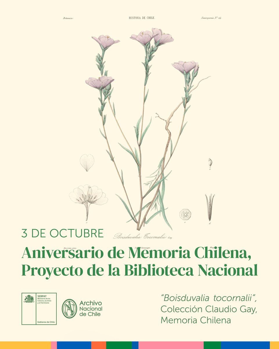 🎉 ¡Celebramos 22 años de <a href="/MemoriaChilena/">Memoria Chilena</a>! 📚🇨🇱
Desde 2003, este proyecto de la <a href="/BNChile/">Biblioteca Nacional</a> ofrece acceso libre a documentos patrimoniales e investigaciones sobre la historia y cultura de Chile.
🔗 memoriachilena.cl
#MemoriaChilena22Años #PatrimonioDigital #BibliotecaNacional