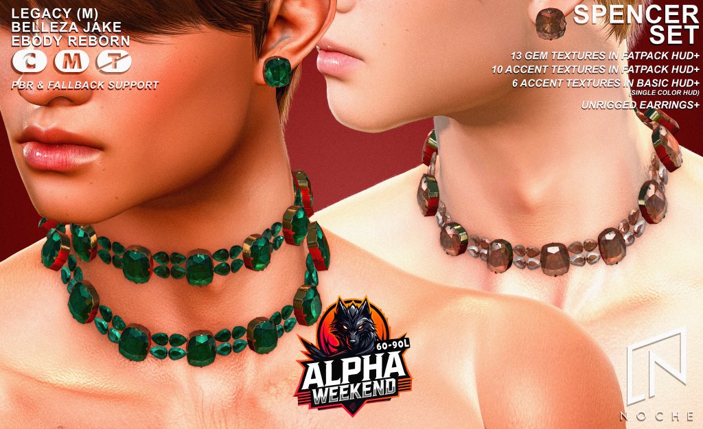 Noche_SL's tweet photo. ✨💎 New Drop for #AlphaWeekend! 💎✨
The Spencer Set → Earrings + Collar + Necklace
🎨 90L singles (6 accents)
🌈 599L fatpack (13 gems + 10 accents)
Available now @ the Noche inworld store ✨
🗓️ On Sale: October 3rd – 6th
https://t.co/1Ky4vZJQ3D https://t.co/Tm0BjQoJ9j