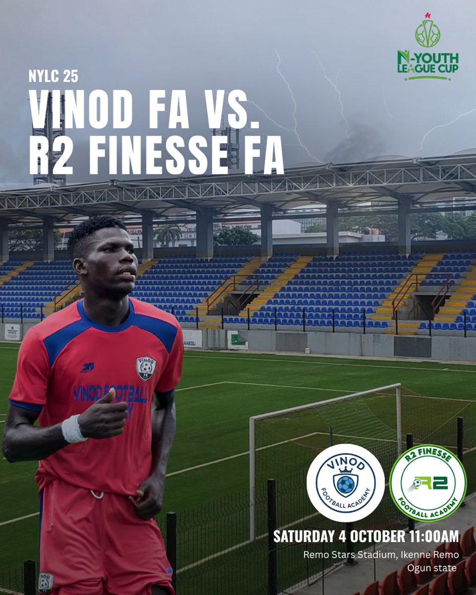 🚀 Kickoff to a New Journey! 🚀
Our first game of the Nigeria Youth League Cup 2025/2026 is here! 💪⚽
Vinod FA 🆚 R2 Finesse FA
📅 Saturday, 4th October
🕚 11:00 AM
🏟️ Remo Stars Stadium, Ikenne Remo – Ogun State
Let’s begin the season with passion, focus, and victory! 🔥💙