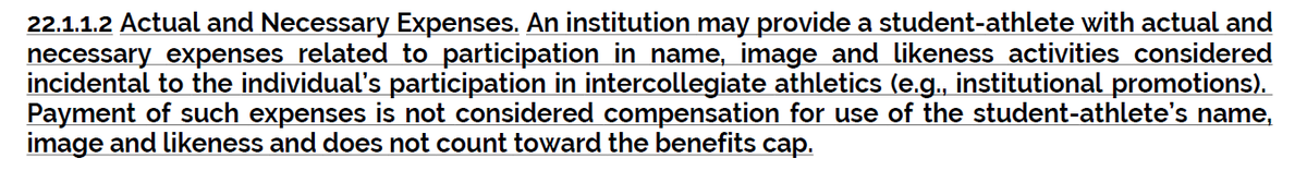 Another <a href="/NCAA/">NCAA</a> Division I Bylaw 22 NIL update to close out the week.  

Effective immediately, Bylaw 22.1.1.2 permits schools to pay actual and necessary expenses for NIL activities tied to institutional promotions without counting as compensation or cap dollars.