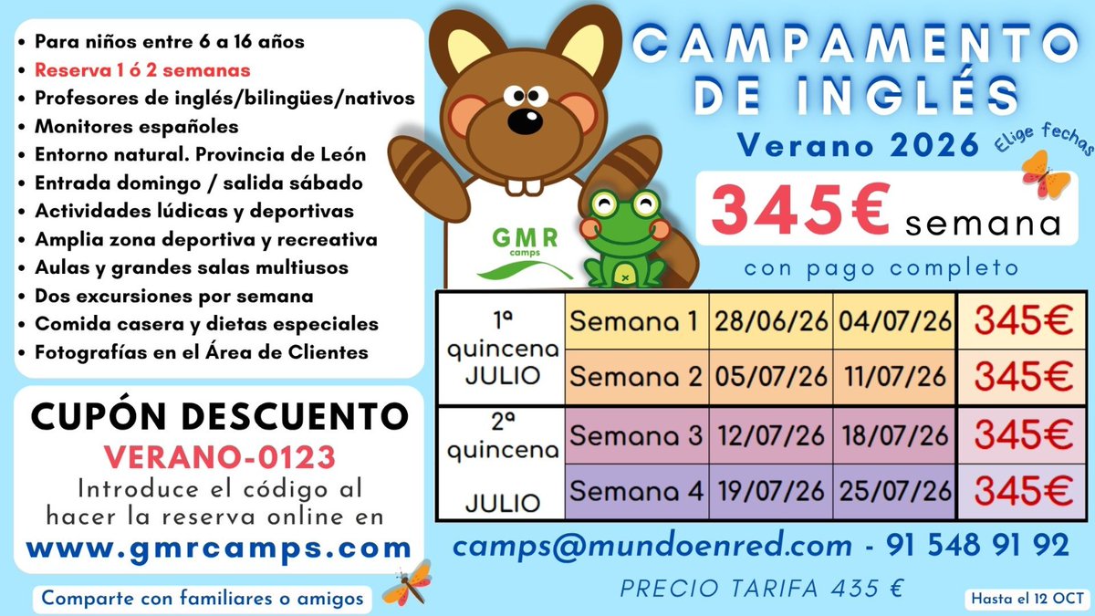 Campamento de verano 2026- Descuento especial hasta el 12 de octubre- Compartelo
gmrcamps.com/leon/reservas/
