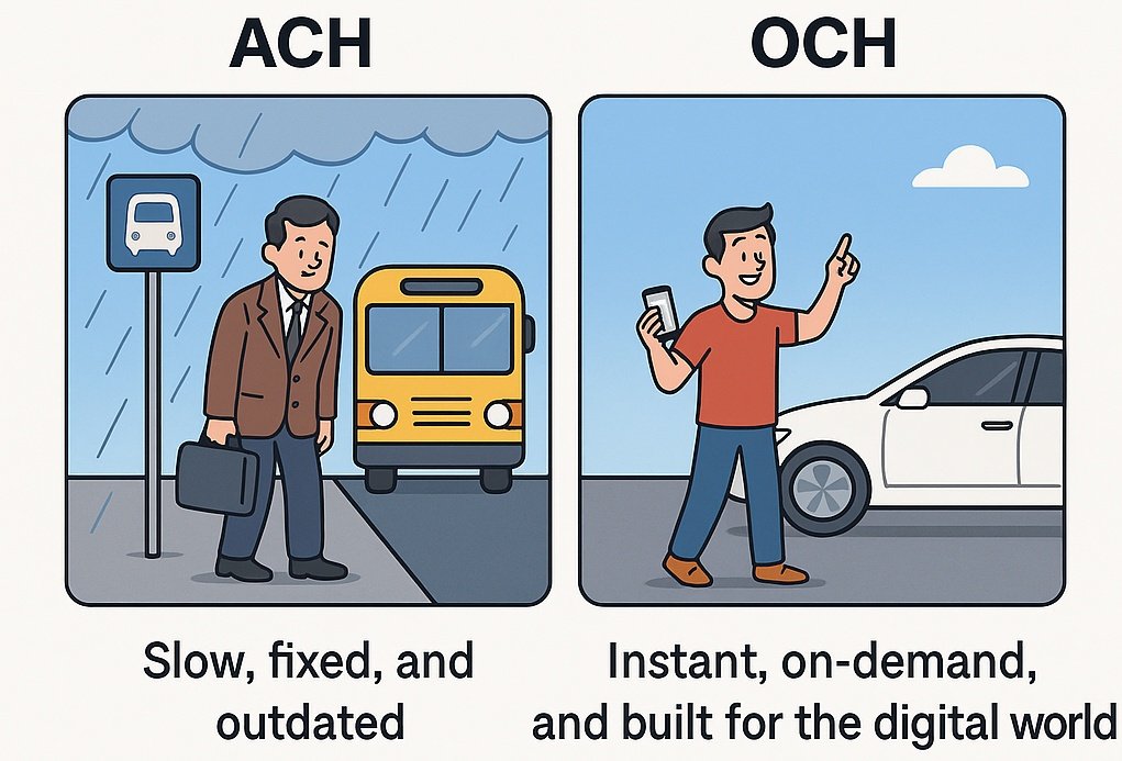 ACH feels like waiting at the bus stop in the rain,slow, fixed, and outdated. 
OCH is Uber for money: instant, on demand, and built for the digital world. 
Why wait when your payments can move in real time?
That's why I'm happy to know <a href="/zeebuofficial/">Zeebu</a>
