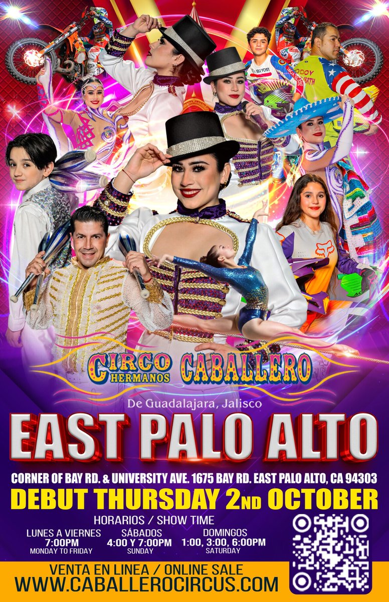 🎪 Exciting news, East Palo Alto! The Caballero Bros Circus is coming to town from October 3-13, 2025! Get ready for thrilling stunts and world-class acrobatics. 🎉
🎟️ Purchase tickets at: caballerocircus.com/tickets #EPA