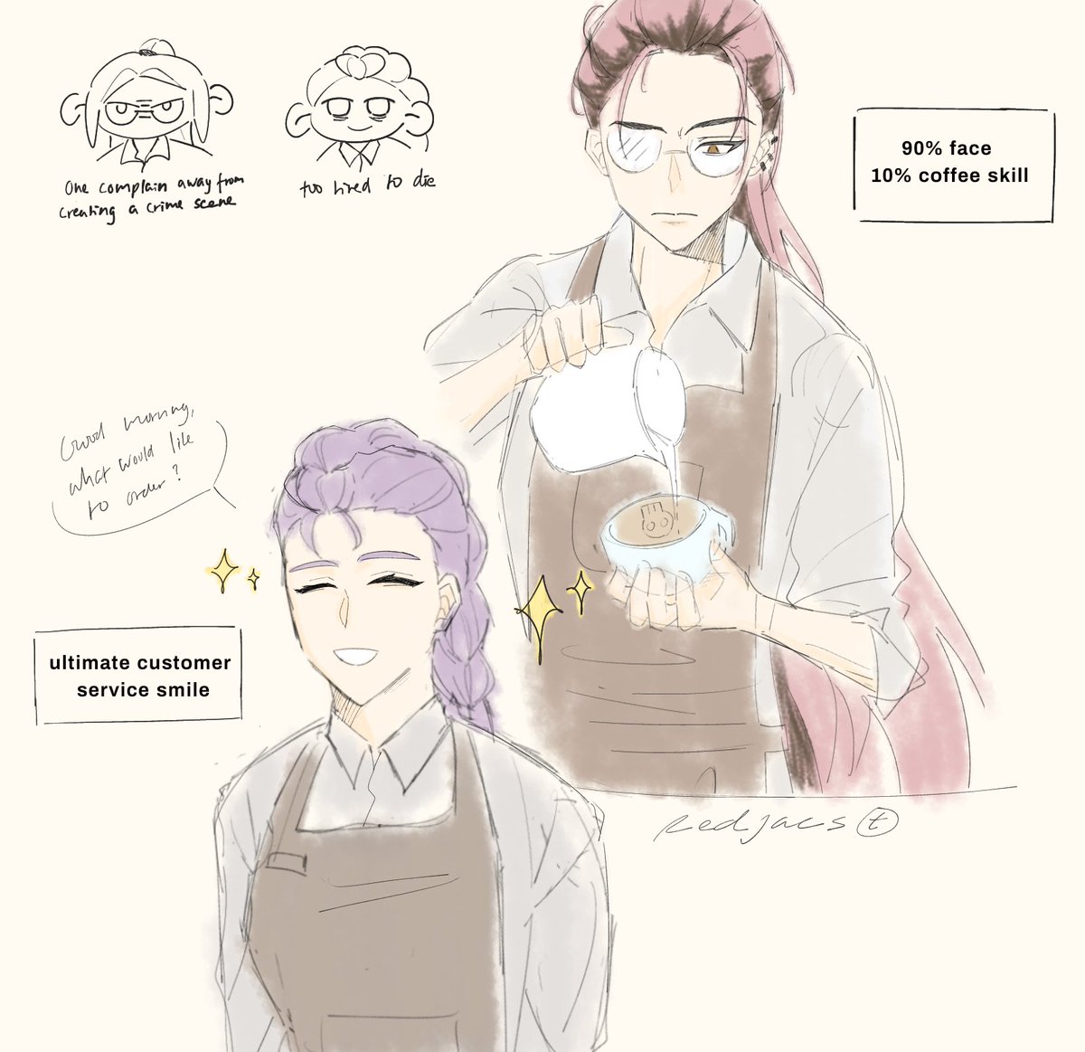 Voidussy's tweet photo. Super late to the yuri let see if i can locked in all seven days
Day 1 - rumira as tired overwork coffee shop staff who's only emotional support is one another (this is bad for everyone except for them)
#RuMiraWeek2025 https://t.co/JbG6WPx4H8