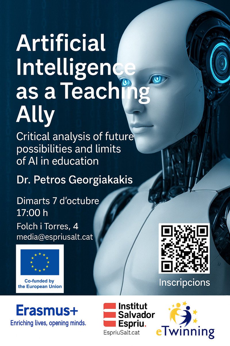 📢 Conferència oberta a tothom: Artificial Intelligence as a Teaching Ally
🤖 IA i educació: aliada o límit?
🗓 Dimarts 7 d’octubre 17 h
📍 Institut Salvador Espriu
👤 Dr. Petros Georgiakakis (Erasmus)
🌍 En anglès accessible
Inscripcions: docs.google.com/forms/d/e/1FAI…
