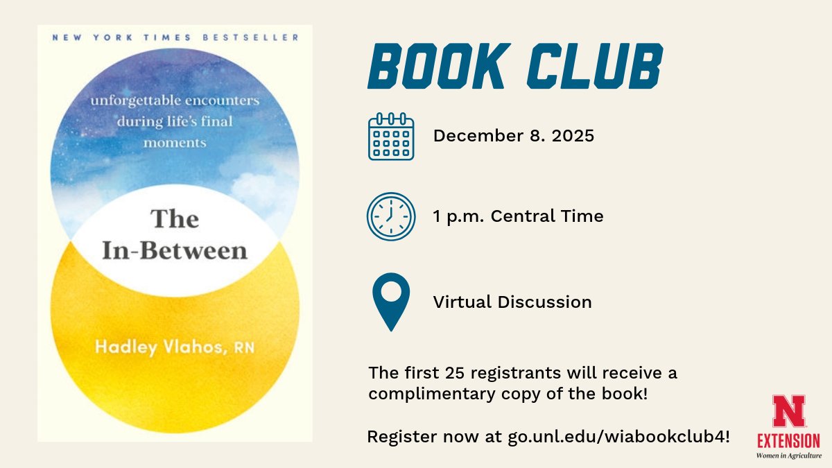 Fall is the perfect time to start a new book! 📚🍂

Join Nebraska Women in Agriculture in reading "The In-Between" for the Quarter 4 Book Club! The book club will conclude on December 8 with a virtual discussion.

Learn more and register at wia.unl.edu/book-club/ 📲