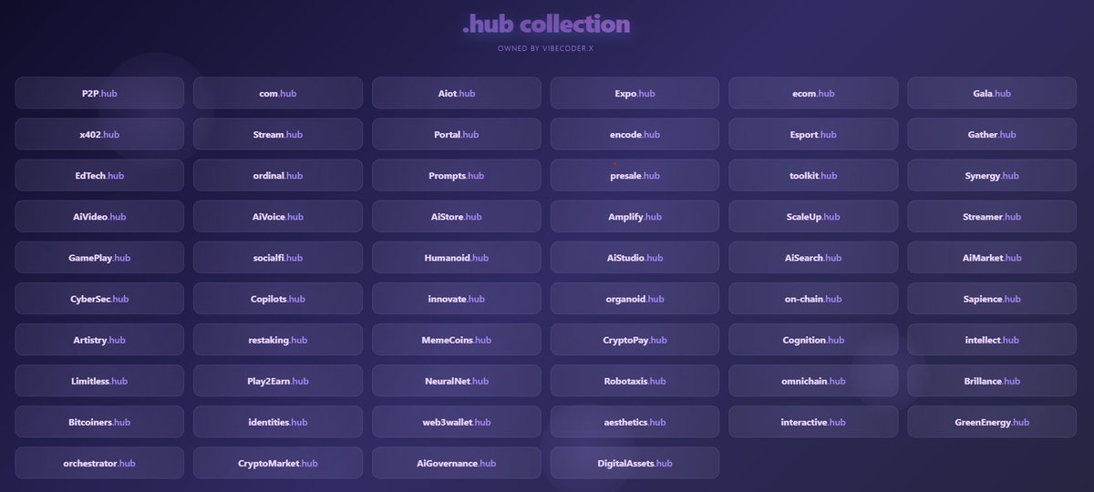 VibeCoder_x's tweet image. ⚡️ My .hub collection 🔥
.hub domains have MASSIVE potential , they're flexible, modern, and perfect for every tech vertical imaginable 🚀
Web3✅ AI✅ Crypto✅ Gaming ✅everything✅
The future is .hub 💎
#Web3 #Hub #Domains #Udfam #DigitalAssets #Crypto #Blockchain #AI #Onchain
