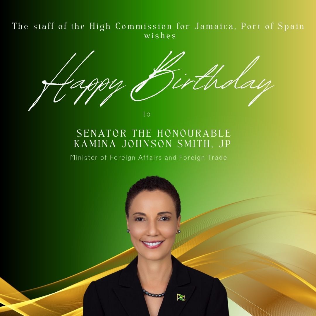 JHC_TT's tweet photo. The High Commission for Jamaica extends warmest wishes to Sen. the Hon. Kamina Johnson Smith, JP, for continued health, strength, and success as she continues to lead 🇯🇲’s foreign policy and serve our people at home and abroad.
#HappyBirthday #KaminaJohnsonSmith #MFAFT https://t.co/GfBd6DKipi
