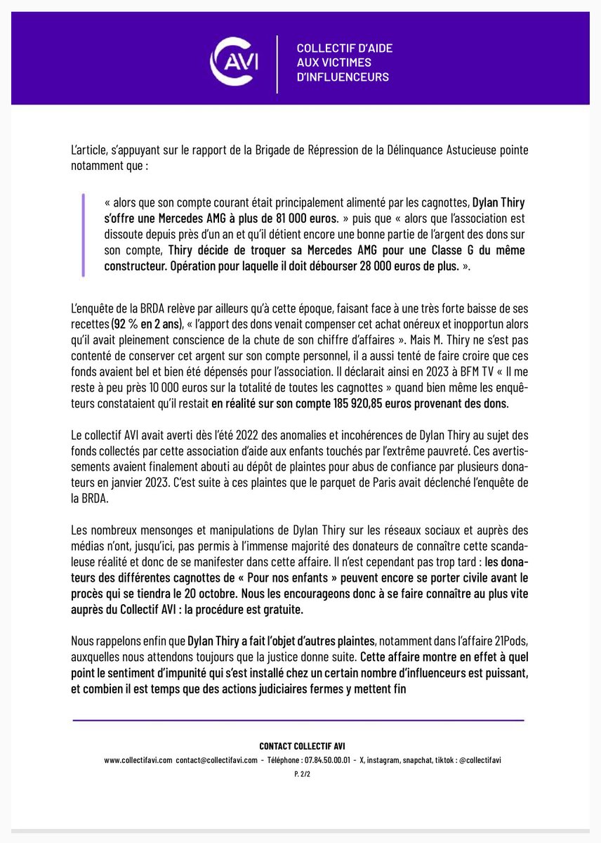 Communiqué de presse - Collectif AVI
Enquête de la BRDA : Dylan Thiry est soupçonné d’avoir utilisé des dons humanitaires pour financer des voitures de luxe.
👉 Les donateurs peuvent encore se constituer partie civile avant le procès du 20 octobre.