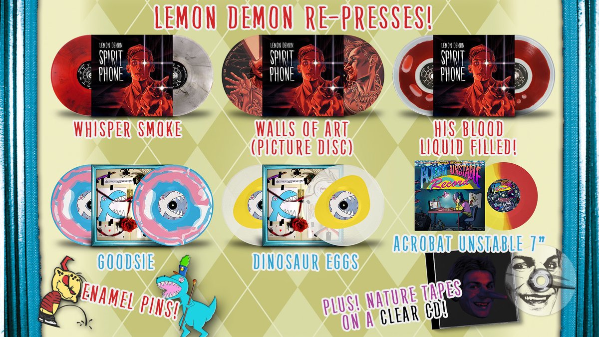☎️ 🦖 THE LEMON DEMON MOTHERLOAD IS HERE.
After ~2 years of being out of print, Dinosaurchestra and Spirit Phone vinyl are finally back.

🩸Limited “Blood Filled” Spirit Phone LP 
💿 Nature Tapes on a CLEAR CD
🎵 Plus new Enamel Pins
🎄 I Am Become Christmas returns to CD/Tape