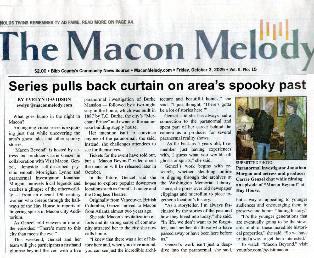 Front page! 📰✨
Macon Beyond: The Hunt at Burke Mansion is featured in the latest Macon Melody.

Thank you Evelyn Davidson &amp; team for supporting historic storytelling this spooky season 👻🏰.

🗞️ Pick up a copy or read online: maconmelody.com/series-pulls-b…

#MaconBeyond #MaconMelody