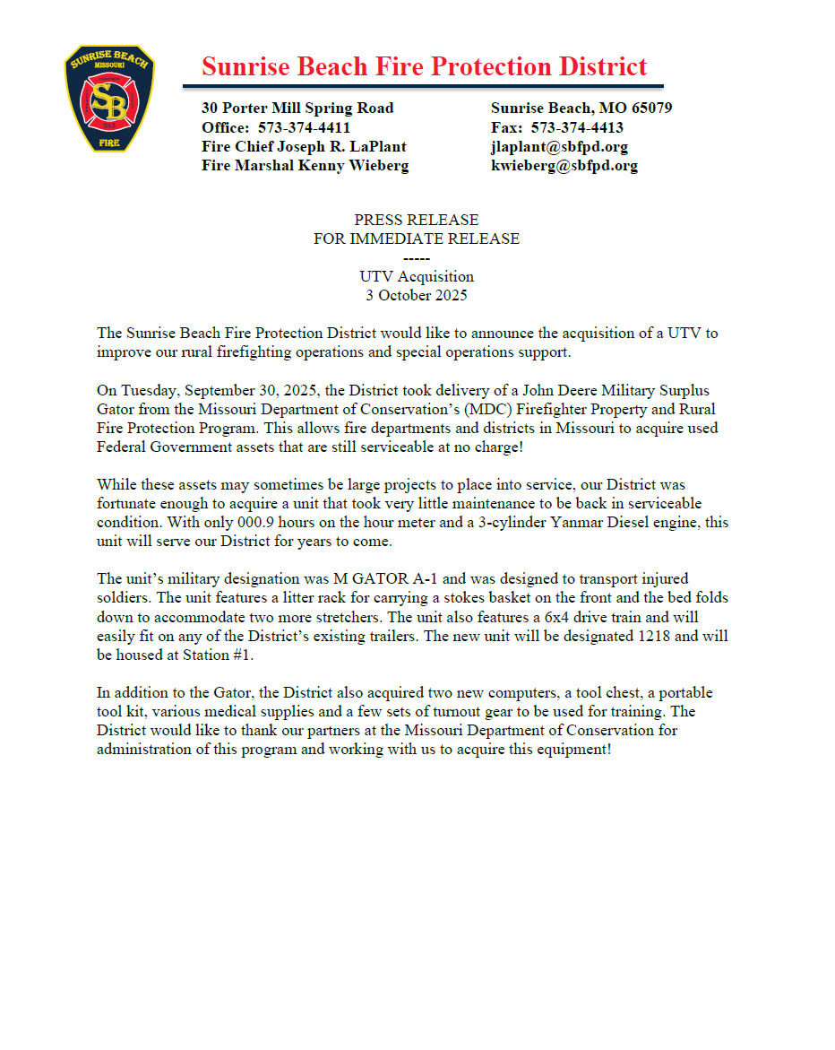 SBFPD's tweet image. SBFPD receives surplus UTV, see below. Thank you MDC!