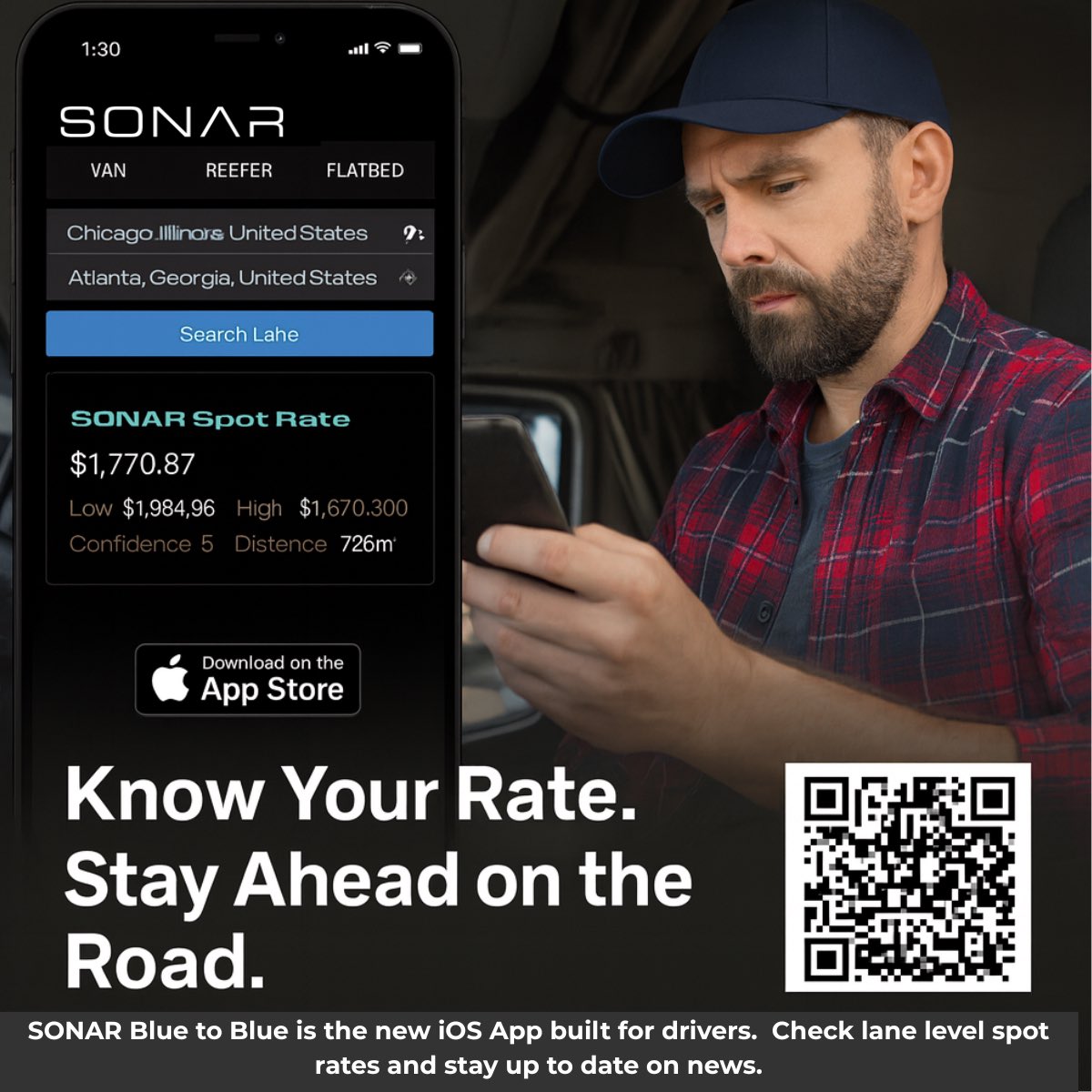Owner-ops, did you know that you can now get SONAR data on your mobile device for only $9.99 a month?

Now available in the App Store for Apple users.

Get realtime spot rates on any lane so you know BEFORE you pick up the phone to book!
