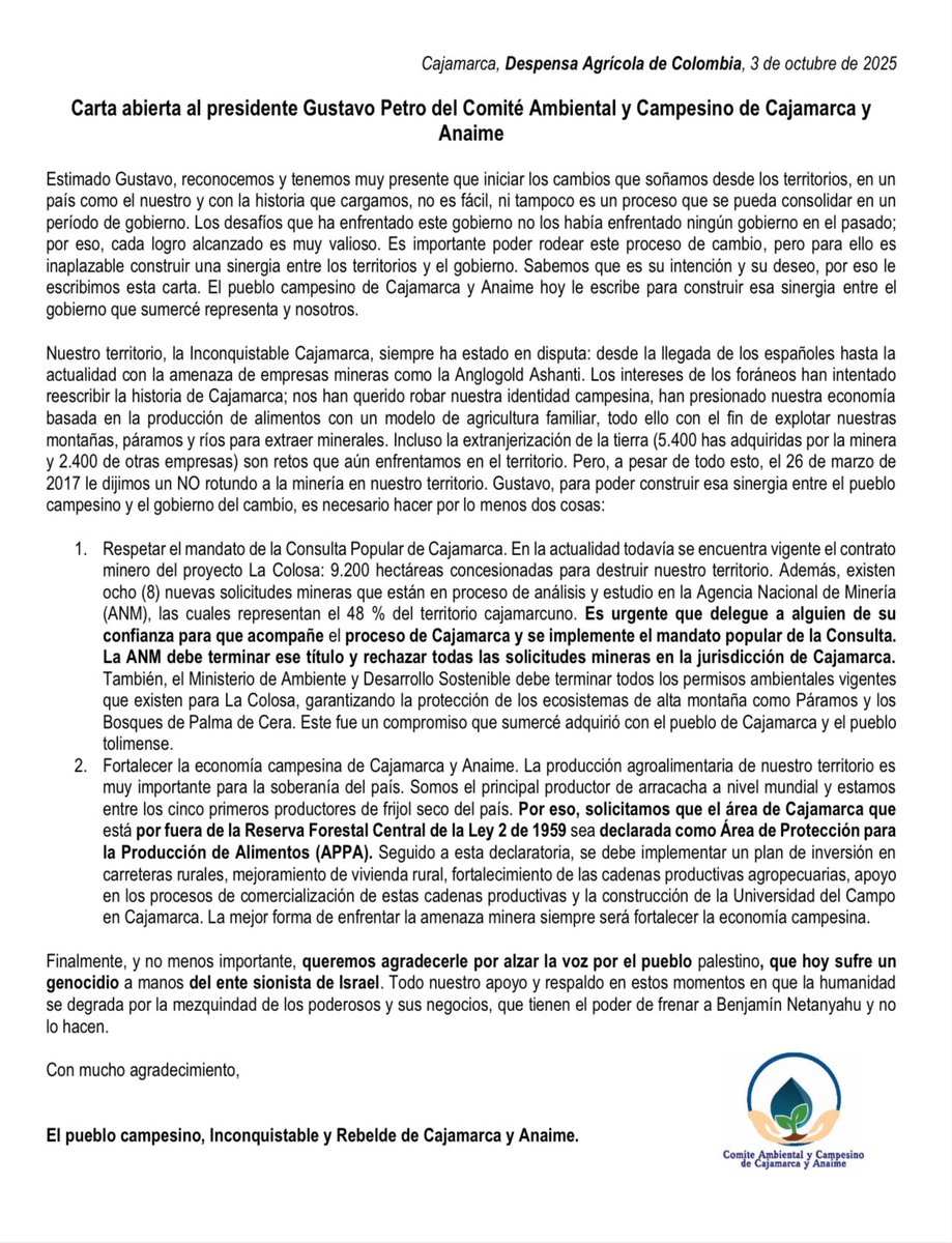📢 Carta abierta al presidente <a href="/petrogustavo/">Gustavo Petro</a>: El pueblo campesino de Cajamarca y Anaime, Inconquistable y Rebelde, le recuerda que en marzo de 2017 dijimos un NO rotundo a la minería en nuestro territorio. Hoy exigimos respeto al mandato popular y apoyo a la economía campesina