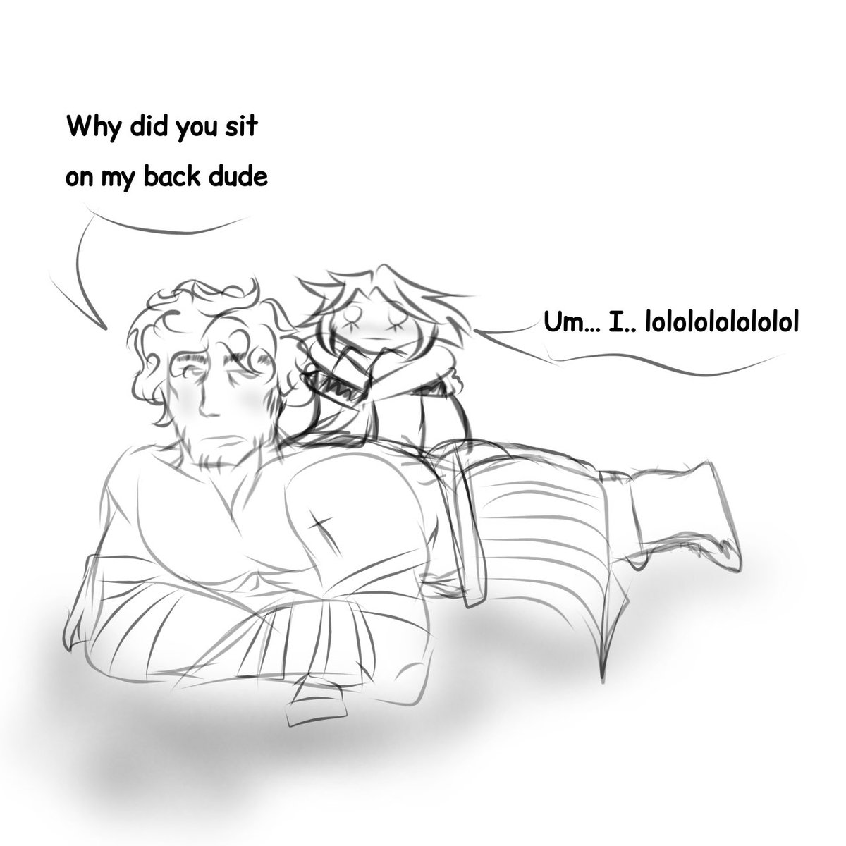Headcanon number Idk: TT has a tactile hunger, and they express it in very strange ways. For example, they can simply lie on Shedletsky's back. (Shedletsky has already resigned himself to it, lmao.)

I drew them chibi because a big long TT wouldn't fit sorry

#chickentime