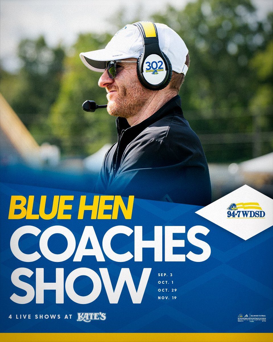 BlueHensRadio's tweet image. While you wait for tonight’s highly anticipated Friday Night matchup for @Delaware_FB and @WKUFootball, listen back to this week’s #BlueHens Football Coaches Show with @ryancarty10, @Keyys_55 and @Laboy_8. 

🔊: shorturl.at/bdI7B