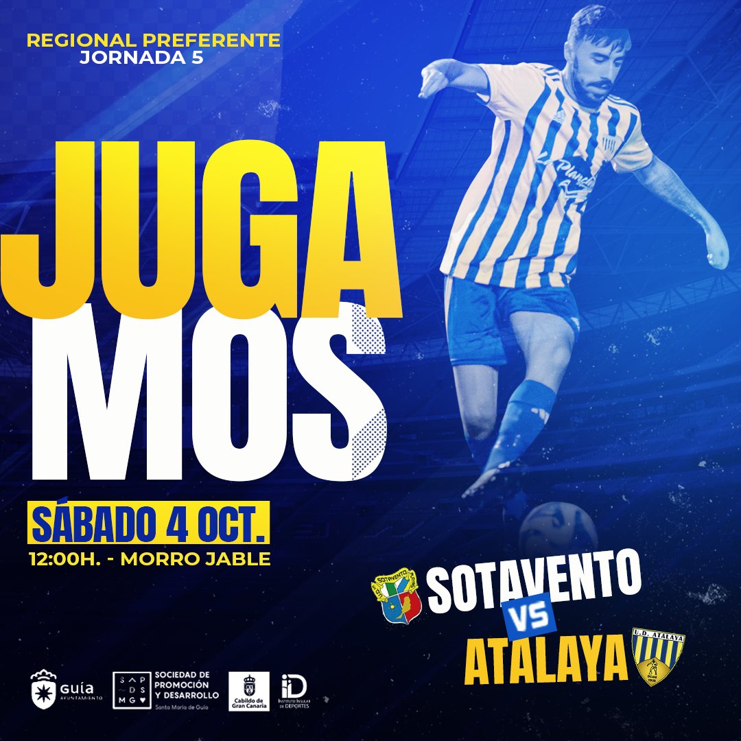 𝗝𝗨𝗚𝗔𝗠𝗢𝗦⚽
Este sábado 4 de octubre nuestro primer equipo se mide al Sotavento en Morro Jable a partir de las 12:00 horas.

Una salida difícil ante un gran rival, donde buscaremos sumar a domicilio.

#barrioycorazon #udatalaya #guiaesdeporte
