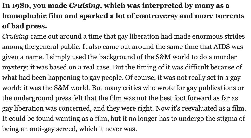 friedkin reflecting on the controversy surrounding CRUISING upon its 1980 release