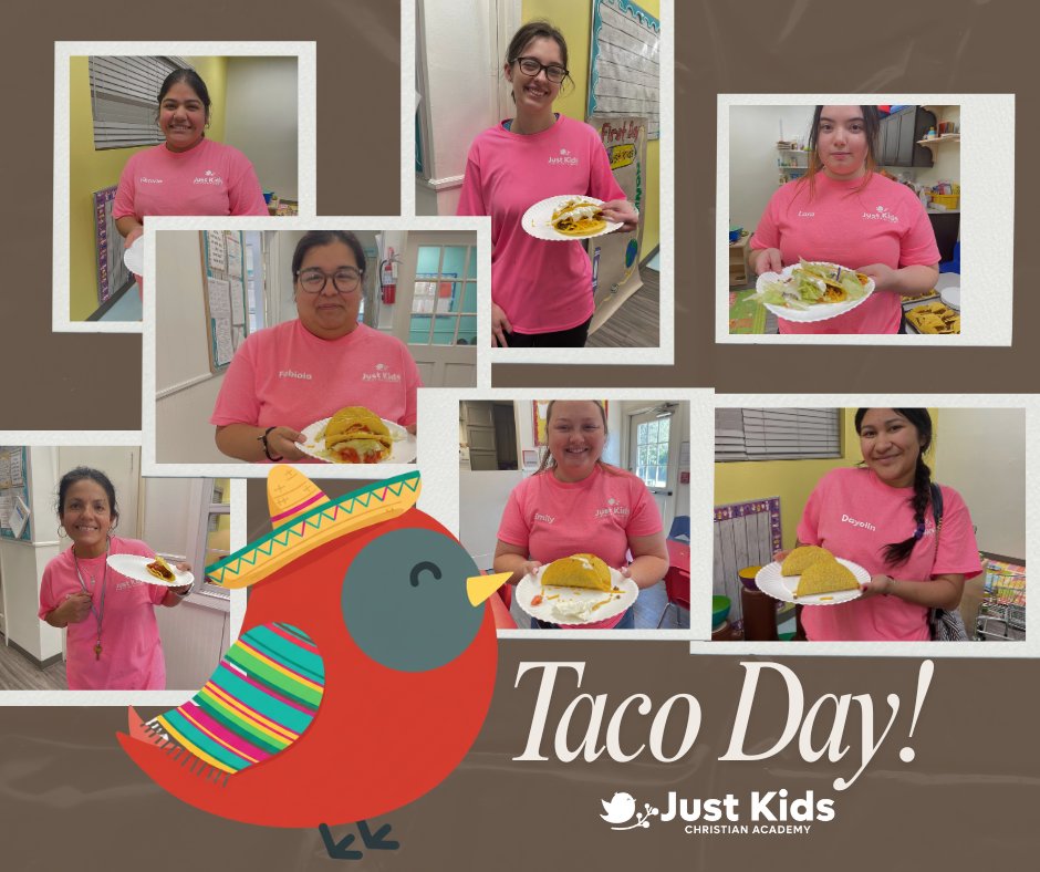 myjustkids's tweet image. Our Just Kids Christian Academy staff are having a blast too—today’s fun is all about tacos! 🌮 What a great way to end the week! And can we just say… that pink shirt is absolutely lovely on them! 💖 #StaffFun #TacoTime #JustKidsChristianAcademy
