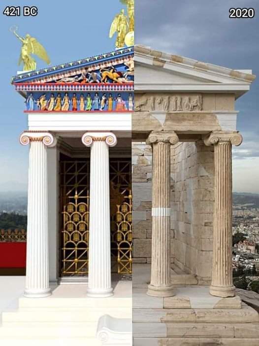 archeohistories's tweet photo. Then vs Now :

Temple of Athena Nike on the Acropolis of Athens in Greece 🇬🇷

The temple of Athena Nike (Athena as a goddess of victory) is the smallest temple at the Acropolis in Athens, placed at its southwest corner, at the edge of a high cliff. Its construction was completed in 420 BC, during the so-called High Classical Period, according to the design of Kallikrates (the same architect who was responsible for the construction of Parthenon). The temple by Kallikrates replaced an earlier small temple, which got completely destroyed during the Persian wars.

The spot, highly vulnerable to attack but also well-placed for defense, was very appropriate for the worship of the goddess of victory. There is some archaeological evidence that the location was used for religious rituals already in Mycenaean era. Mycenaeans also raised the first defensive bastion on the spot; its fragments are preserved in the temple’s basement.

The temple of Athena Nike, built in Ionic order of beautiful white Pentelic marble, has columns at the front and back but not on the sides of the cella; this kind of floor plan is called an amphiprostyle. Because of the small size of the structure, there are only four columns on each side. The columns are monolithic, which means that each one of them was made of a single block of stone (instead of horizontal drums, as it is in the case of the Parthenon).

This small and elegant structure is sometimes called the pearl of the Acropolis, since it was designed and decorated with great care. For example, interestingly, its side columns have volutes both in the front and at the side, in order to create a pleasant view from any viewpoint. The Greeks considered their temples as a kind of monumental sculpture, which was supposed to be viewed from all sides and experienced in connection to its surroundings. The Romans later had a different concept—for them, the frontal view was most important (for example, the Roman Temple of Portunus).

Another interesting detail is that the columns of the temple of Athena Nike are not as slender as those of many other Ionic buildings. Usually the proportions between the width and the height of an Ionic column was 1:9 or even 1:11. Here the proportion is 1:7 and the reason for that choice might have been the intention to create a harmonious whole with other buildings nearby. The temple of Athena Nike stands just next to the Propylaea, a heavy, monumental gateway to the Acropolis, built in Doric order. To visually counteract this massive structure, architect may have decided to widen the columns, otherwise the building might feel out of place, and too delicate in contrast to the neighboring architectural mass of the Propylaea. We know that the ancient Greeks were very aware of mathematical ratios while constructing architecture or creating statues, feeling that the key to beauty lies in correct proportion.

The temple of Athena Nike, as with all Greek temples, was considered a home of the deity, represented in its statue, and was not a place where regular people would enter. The believers would simply perform rituals in front of the temple, where a small altar was placed, and could take a glimpse of the sculpted figure of the goddess through the space between the columns. The privilege of entering the temple was reserved for the priestesses, who held a respected position in Greek society. As the name suggests, the temple housed the statue of Athena Nike, a symbol of victory. It probably had a connection to the victory of the Greeks against the Persians around half a century earlier. Nike usually had wings, but in this case we know that the statue had no wings, hence it was called Athena Apteros (without wings). The ancient Greek writer Pausanias later explained that the statue of Athena had no wings so that she could never leave Athens.

📷© John Goodinson Reconstructions

#archaeohistories