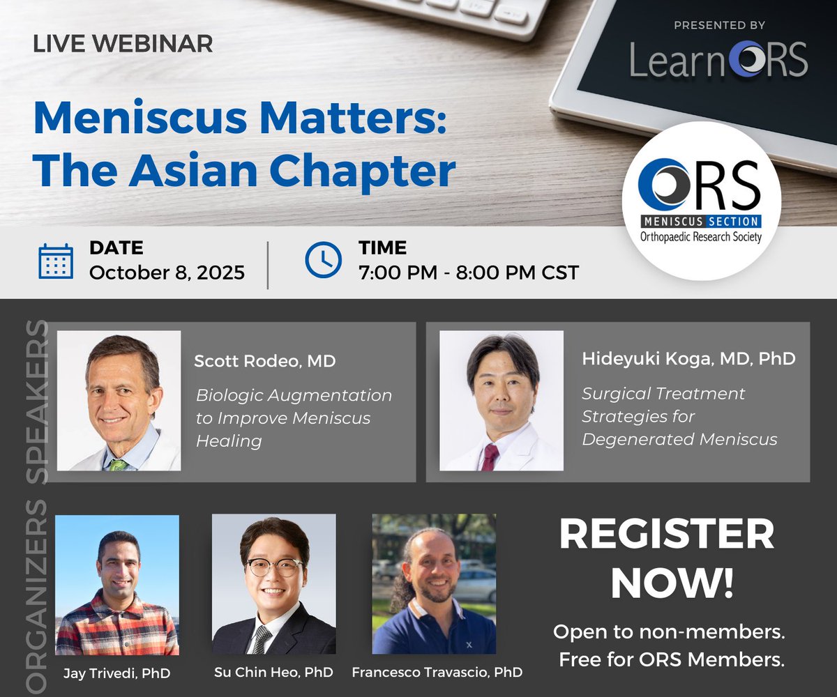 NEXT #WebinarWednesday on Oct 8 with the @orsmeniscus, Meniscus Matters: The Asian Chapter. Clinicians from the USA &amp; Japan will compare standards in #meniscusrepair, share best practices &amp; foster global collaboration. Register now: ors.memberclicks.net/men10825web#/