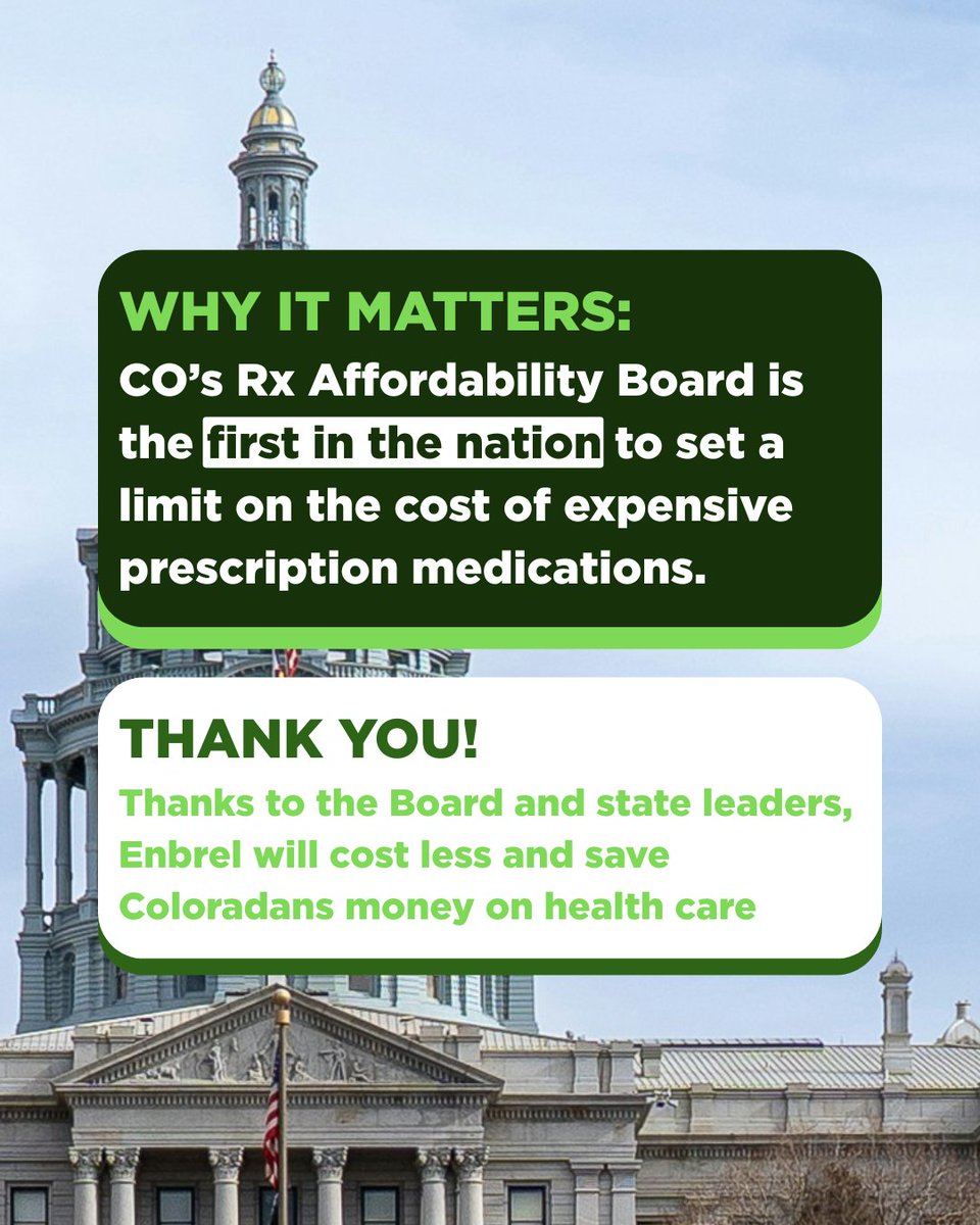 Great news! Colorado’s Prescription Drug Affordability Board is the first state in the nation to limit the cost of expensive prescription medications for patients, starting w/ Enbrel. #LowerDrugPricesNow 
cohealthinitiative.org/media-releases…