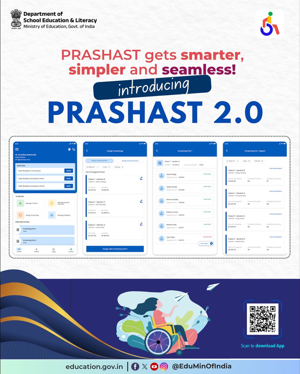 EduMinOfIndia's tweet photo. Ministry of Education is delighted to announce the upgraded version of #PRASHAST (Pre-Assessment Holistic Screening Tool), designed to make the screening process more seamless and efficient for Head Teachers, Teachers and Special Educators.
With easy login through #MeriPehchaan (National Single Sign-On), the new PRASHAST offers a streamlined role-based approval system, bulk upload of student details, multiple class assignments and easy user management while preserving all existing data.
The revamped app also features a user-friendly homepage with a direct overview of screening data, along with a two-way notification system for real-time updates. Available on both Android and iOS, PRASHAST ensures a smooth and inclusive experience for all.
#PRASHAST2.0 #EdTech #InclusiveEducation #DoSEL #SamagraShiksha #DigitalIndia
