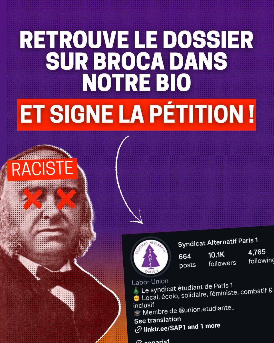 Syndicat Alternative Paris 1 - SAP1 (@saparis1_) on Twitter photo 🔴Un centre de Paris 1 nommé d'après un énorme racelard ??
Le SAP1 sort son dossier pour faire renommer le centre Broca de Paris 1 qui était un raciste et un colon !
Signe la pétition !! ⬇️
linktr.ee/SAP1
<a href="/SorbonneParis1/">Université Paris 1 Panthéon-Sorbonne</a> il faut agir !! 🔴Un centre de Paris 1 nommé d'après un énorme racelard ??
Le SAP1 sort son dossier pour faire renommer le centre Broca de Paris 1 qui était un raciste et un colon !
Signe la pétition !! ⬇️
linktr.ee/SAP1
<a href="/SorbonneParis1/">Université Paris 1 Panthéon-Sorbonne</a> il faut agir !!