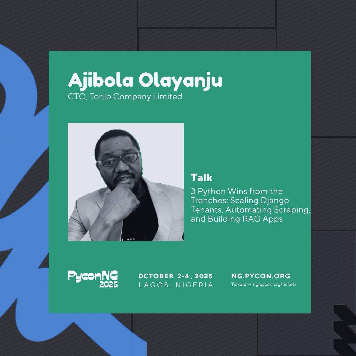 PythonNigeria's tweet image. On stage at PyCon Nigeria 2025!

Ajibola Olayanju — CTO, Torilo Company Limited

Talk: “3 Python Wins from the Trenches: Scaling Django Tenants, Automating Scraping, and Building RAG Apps”

📺 Watch live on YouTube → youtube.com/watchv=BDXEQUt…

#PyConNG2025  #BuildInnovateSucceed