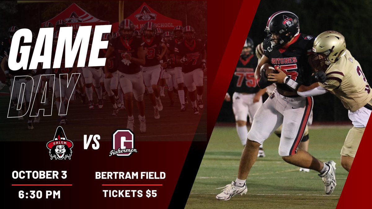 SalemHSFootball's tweet photo. Gameday!! Your Salem Witches are taking on the Gloucester Fisherman tonight at 6:30 PM!
📺 https://t.co/mvXPJRngc0…
🎟️ https://t.co/kUBu8uyDqa

#BeatGloucester #WitchesWay #GoWitch https://t.co/TEo1Pt1Nym