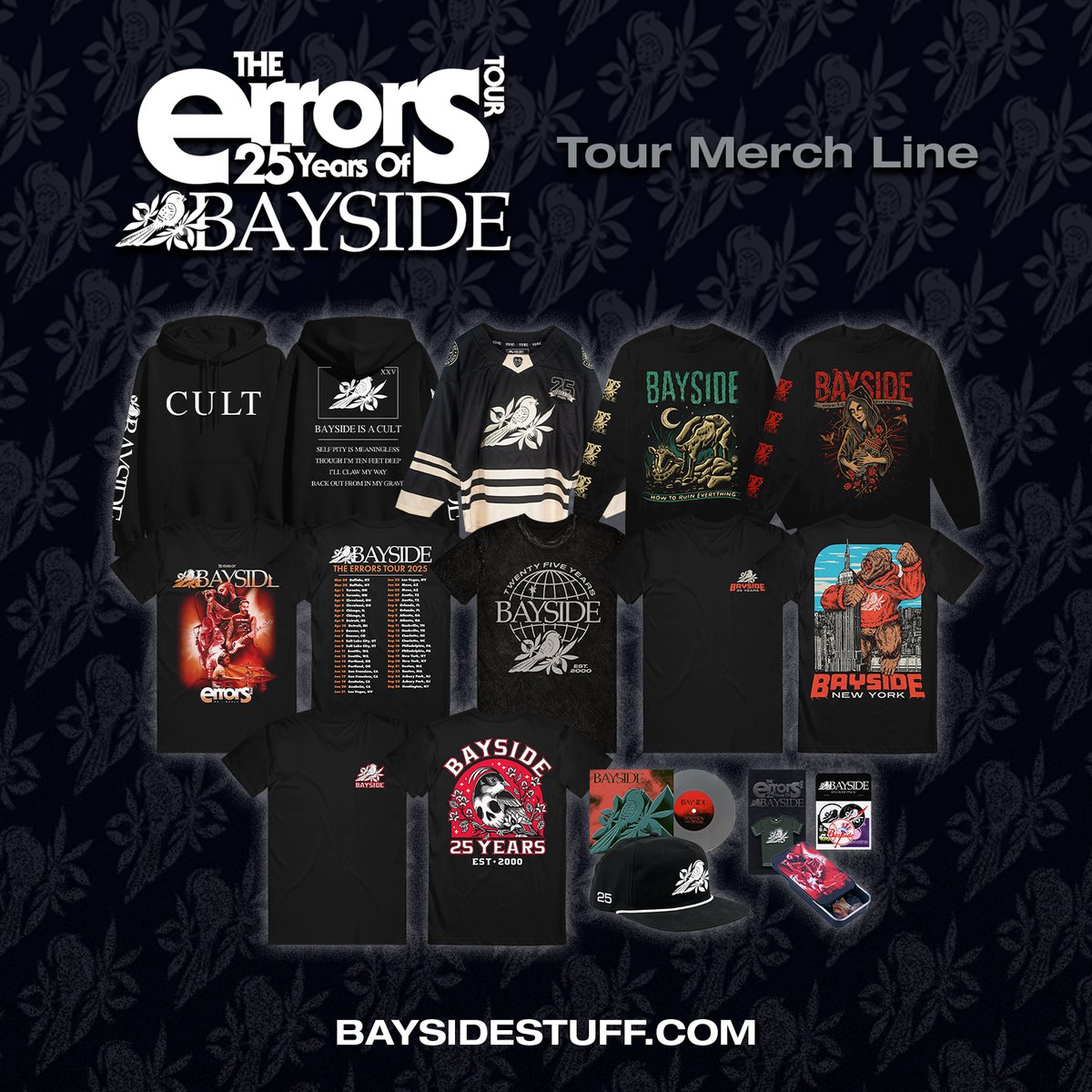 The Errors Tour may be over but 25 Years of Bayside continues on! Our tour merch line is now available in our webstore at baysidestuff.com. 

We’ve got everything from our custom <a href="/ViolentGents/">Violent Gentlemen</a> hockey jersey to a flat bill rope hat, enamel pin, long sleeves and more.