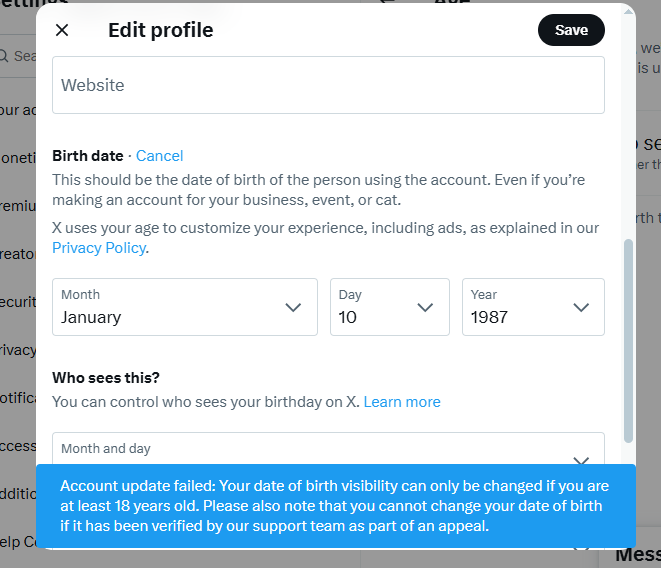 g4gilman's tweet photo. @X please help to set my date of birth. Its showing error. screenshot is attached. https://t.co/F9XqQ9xrGn