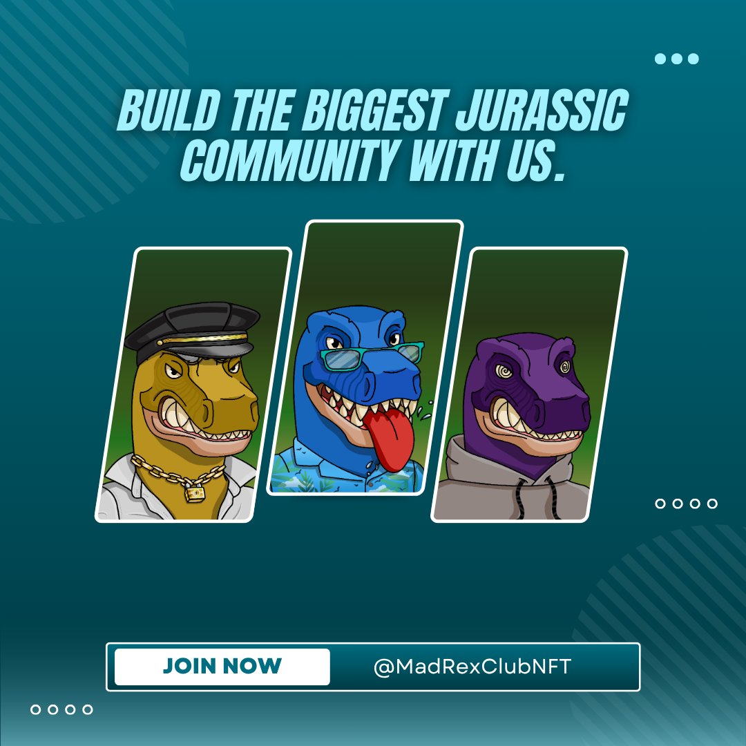 MadRexClubNFT's tweet photo. The dinosaurs are back and this time, they’re yours to collect, explore, and share. 🌋 Join the Mad Rex Club and help us create the world’s biggest Jurassic family. 🦕
#MadRexClub #JurassicEra #JurassicCommunity #NFTCommunity #PrehistoricFuture #DigitalAdventure #MetaverseJurassic #DinoCollectors #JoinTheClub #JurassicRevival