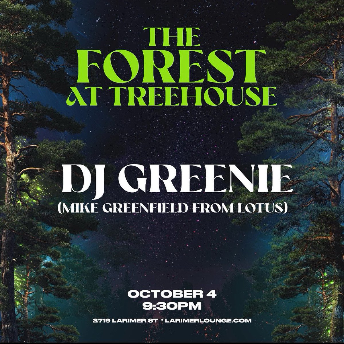 Lotus (@lotustweets) on Twitter photo This Saturday marks Mike Greenfield’s DJ debut in Colorado at The Forest at Treehouse (<a href="/LarimerLounge/">Larimer Lounge</a>) FREE SHOW!
“I’ve always felt Denver is the true music capital of the country, so it’s an honor to finally get behind the decks here” - DJ Greenie This Saturday marks Mike Greenfield’s DJ debut in Colorado at The Forest at Treehouse (<a href="/LarimerLounge/">Larimer Lounge</a>) FREE SHOW!
“I’ve always felt Denver is the true music capital of the country, so it’s an honor to finally get behind the decks here” - DJ Greenie