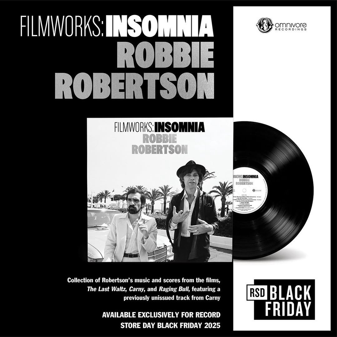 r0bbier0berts0n's tweet photo. JUST ANNOUNCED: Robbie Robertson’s Filmworks: Insomnia highlights his early film scores for The Last Waltz, Raging Bull, and Carny (with a previously unissued track). Out Nov 28, only at indie shops for Record Store Day / Black Friday 2025. https://t.co/O5X2CbxfXr