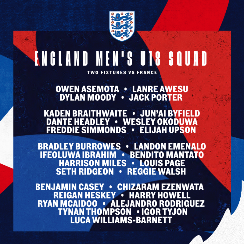 England's tweet photo. A 27-player U18 #YoungLions squad for a double header against France 🙌