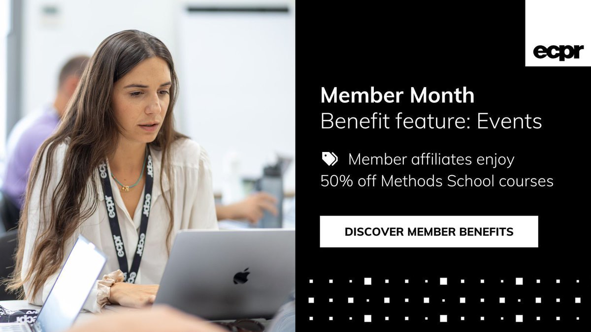 ECPR's tweet image. 🌟 This month, we&apos;re spotlighting #ECPRMemberPerks 🌟 

✂️ Member affiliates benefit from major savings on event fees, including 𝟱𝟬% 𝗢𝗙𝗙 Methods School signature courses this November 👉 ecpr.eu/signature-cour…

💡 More benefits: ecpr.eu/Membership/Mem…

#JoinECPR