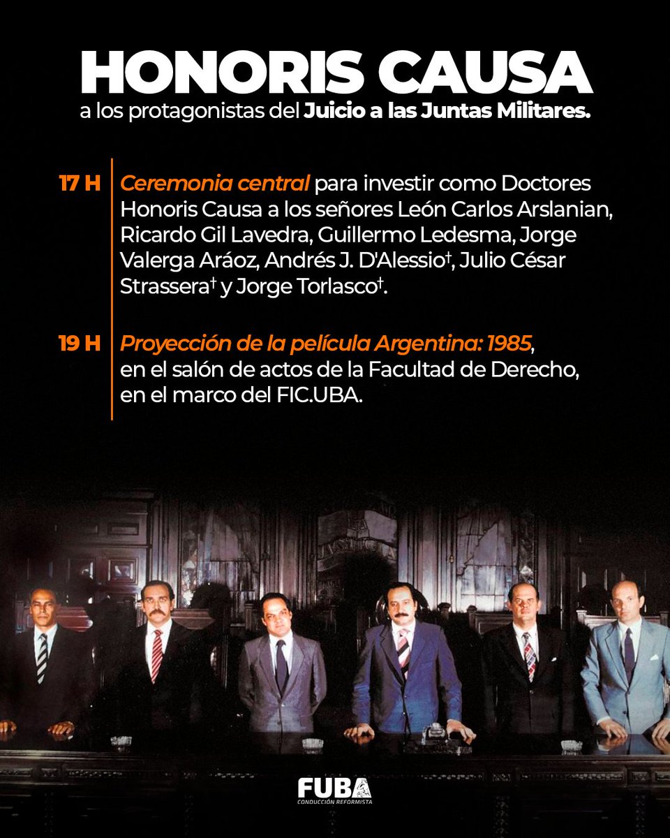 HONORIS CAUSA A LOS PROTAGONISTAS DEL JUICIO A LAS JUNTAS

A 40 años del Juicio a las Juntas Militares, se hará entrega de los diplomas que acreditan a los protagonistas como Doctor Honoris Causa de la UBA.

Sigamos defendiendo nuestra historia.