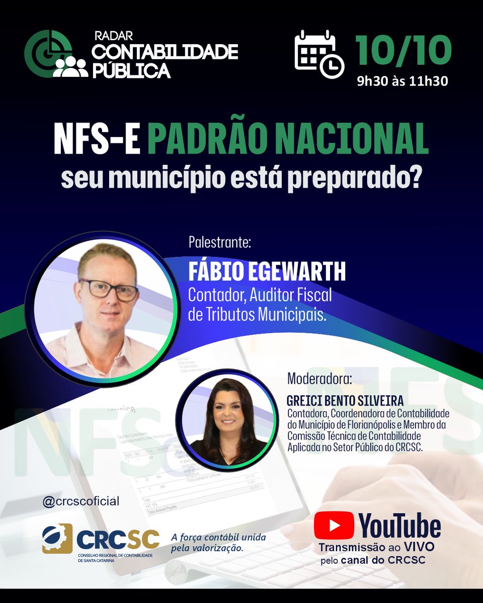 CRCSCOFICIAL's tweet image. ✅ Radar Contabilidade Pública: “NFS-e Padrão Nacional: seu município está preparado?”, no dia 10/10, às 9h30.

🔗 Para participar, basta se inscrever pelo link www1.cfc.org.br/evento?T8H e acompanhar ao vivo no canal oficial do CRCSC no YouTube.