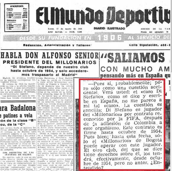 MisterRelato's tweet photo. No sirve de mucho responder a gente como tú, pero lo voy a hacer porque habrá gente por la que valga la pena responder.

La versión revisionista culé ya la conocemos todos, tranquilo.

- Dices que: "El Real Madrid pasa los primeros años del franquismo sin titulos porque Franco no tenia un interes especial en el futbol como propaganda del regimen hasta el mundial de 1950 gracias al desempeño de España."

Claro, claro. En las cinco Ligas anteriores a Franco, en la República, el Madrid ganó 2 y quedó segundo en las otras tres. De ahí pasó a no ganar ni una Liga en 14 años. El Real Madrid quedó prácticamente disuelto tras la guerra y le costó mucho tiempo reconstruirse. En el régimen era visto en esos años como un club de raíces republicanas y su apoyo inicial siempre fue al Atlético Aviación. Franco sólo mostró interés en el Madrid cuando empezó a ganar en la Copa de Europa (competición creada en contra de los deseos de Franco), como herramienta de propaganda.

- Dices que: "El Barcelona habia negociado con River Plate oficialmente afiliado a la FIFA, y el Madrid negocio con Millonarios en ese entonces NO AFILIADO a la FIFA y por tanto ilegal"

Como todo el revisionismo culé, cuentas las cosas a medias, pues una media verdad es la mejor arma de manipulación.

Amigo, se te olvida el Pacto de Lima (te adjunto el documento):  en 1951, se llegó a una resolución del conflicto entre la Federación Colombiana y la FIFA, llamado el “Pacto de Lima”. El acuerdo estipulaba que los jugadores "fugados", seguirán siendo propiedad del correspondiente club colombiano donde jugaban hasta el término del contrato en curso, fecha a la cual la propiedad del jugador regresaría a su club de origen.

En ese momento, el jugador argentino pertenecía al club colombiano hasta el 15 de octubre de 1954, y con el compromiso de retornar al River Plate a partir del 1 de enero de 1955.

También te pongo una entrevista en Mundo Deportivo con el presidente de Millonarios en agosto de 1953, en la que deja claro que Di Stéfano pertenece al Millonarios y solo el club colombiano "puede operar con el jugador" hasta octubre de 1954.

- En el momento del contrato entre Barça y River Plate, ambos equipos dejan claro en el contrato que conocen la situación del jugador.

El cuarto punto del documento entre River y Barça estipula lo siguiente:

"Todo el presente convenio queda supeditado a que para antes del 26 de julio el jugador Di Stéfano se incorpore real, física, jurídica y efectivamente al Fútbol Club Barcelona, habiendo zanjado cualquier dificultad que pudiera derivarse de su actuación en Colombia. De no operar estas condiciones, el convenio queda rescindido".

- El Barça se va a negociar con Millonarios y no llegan a un acuerdo. La prensa publica unas declaraciones que no debieron hacerle mucha gracia a Di Stefano. Si hubieran pagado lo que pedía Millonarios, Di Stéfano hubiera sido del Barça, dinero que sí quiso pagar el Real Madrid.

- En ese punto, ni Barça ni Real Madrid podían tramitar la solicitud de la licencia sin acuerdo entre ellos.

¿Qué hizo el Barça, que además tenía informes internos contrarios a su fichaje por evitar tener "demasiados gallos en el gallinero" (Kubala)?
Intentó vender sus derechos a la Juve, que se negó.

Ante la negativa, intentan que River les devuelva el dinero y estos, lógicamente molestos, emiten un comunicado en contra (te lo adjunto).

- FIFA termina interviniendo y nombra como intermediario a uno de sus vocales, Muñoz Calero, ex presidente de la Federación Española de Fútbol y que sería vicepresidente del Atlético de Madrid años más tarde.

La decisión a la que se llegó fue la de alternar los 4 años entre los dos equipos, empezando por quien tenía su derecho en ese momento: el Real Madrid.

El primer mes de Di Stéfano en el Madrid no fue precisamente bueno, por estar fuera de forma.

Un mes más tarde del acuerdo entre clubes y FIFA, el 23 de octubre de 1953, el Barça vende sus derechos al Real Madrid, que pagó el doble de lo que el club culé había abonado al River Plate por el traspaso del argentino. 

La pela es la pela y seguro que al principio estaban contentos, pero, como dice el gran @Guaschcope:

"Hizo más daño a los culés Di Stéfano que Franco."

Y después de todo esto, que no escribo precisamente para ti, vas y te pones a investigar quién ayudó a quién para que Kubala terminara en el Barça y no en el Real Madrid.