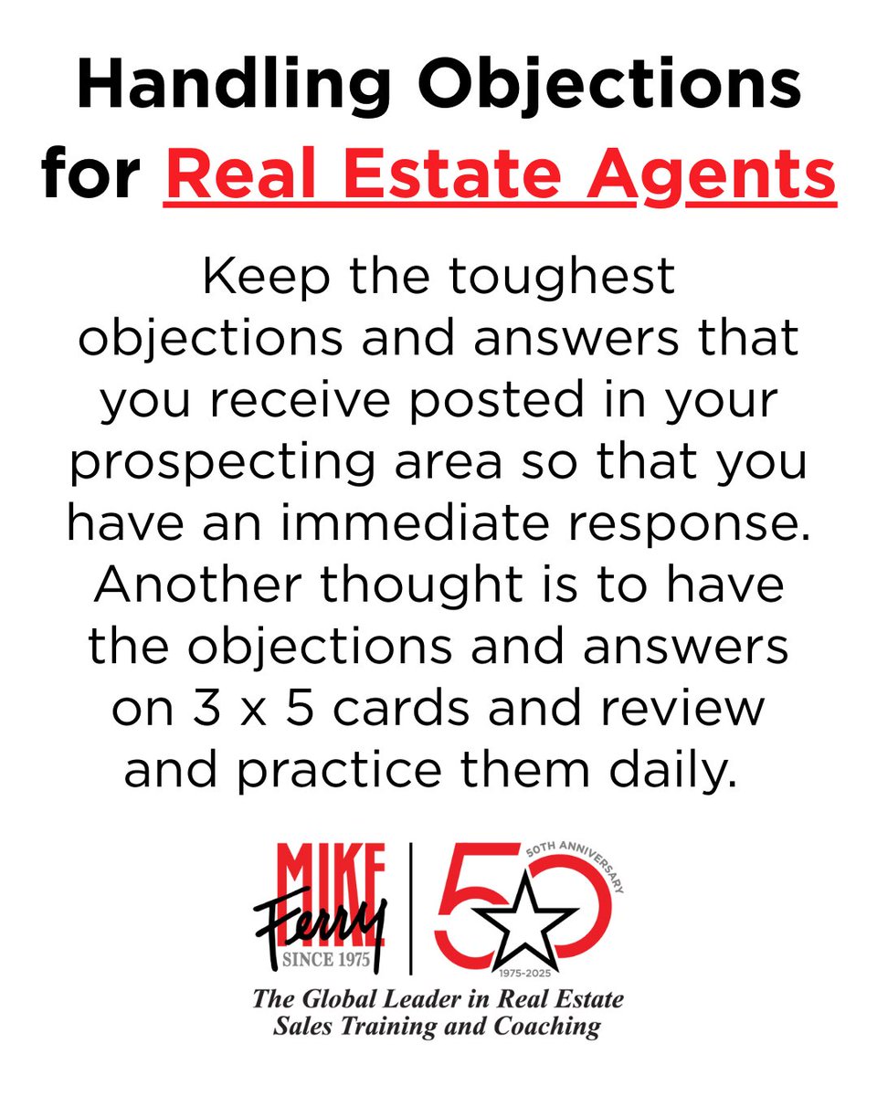 MikeFerryOrg's tweet image. Real Estate Agents! 🚨
Keep your toughest objections + answers posted where you prospect. Review daily until automatic.
👉 Are you practicing enough to be unshakable?

#RealEstateAgents #RealEstateTraining #ObjectionHandling #MikeFerry #TopProducer