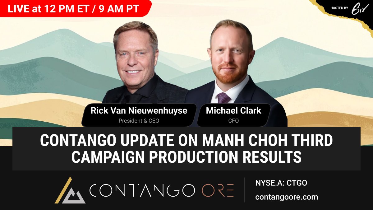 OreContango's tweet image. In one hour, join Rick Van Nieuwenhuyse, President &amp;amp; CEO, and Mike Clark, CFO of $CTGO, as they provide further insight into the recently announced third campaign production results.

Register here: bit.ly/4gN2r4U