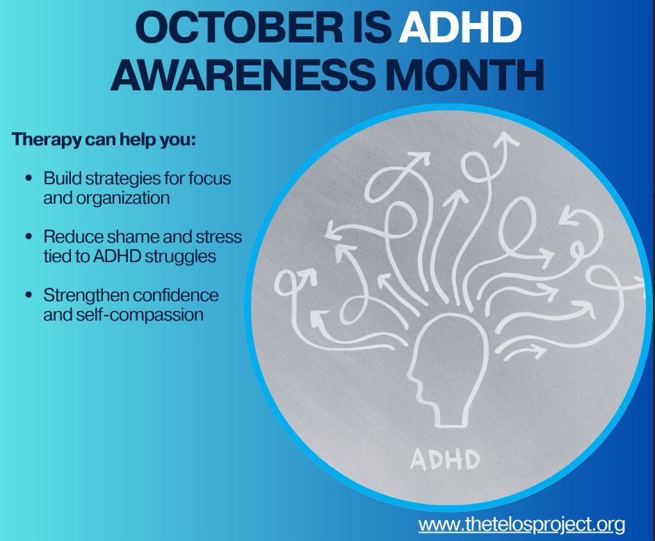 October is ADHD Awareness Month. ADHD is a unique, creative brain, not laziness. Challenges like overwhelm and self-doubt can be managed with support. Thrive. #therapyisgood #texastherapist #therapyintexas #dallastherapist #ADHDawarenessmonth #neurodiversity #ADHDsupport