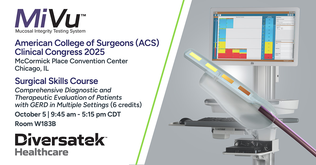 Discover how MiVu™ Mucosal Integrity Testing System is transforming esophageal care with instant results during endoscopy. Catch it in action at #ACSCC25 on Oct 5 during the course: Comprehensive Diagnostic &amp; Therapeutic Evaluation of Patients with GERD in Multiple Settings

#GI