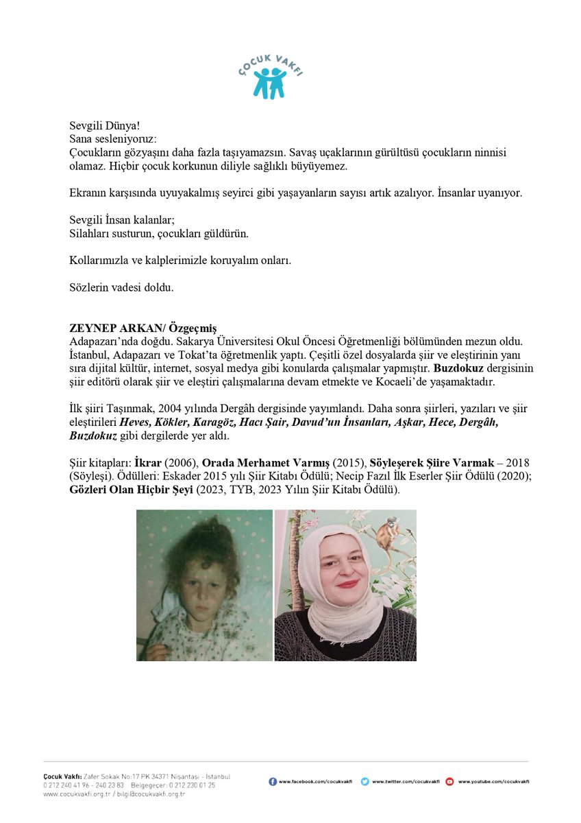 Çocuk Vakfı 6 Ekim 2025  Dünya Çocuk Günü Türkiye Bildirisini Bu yıl Şair Zeynep Arkan Kaleme Aldı...
